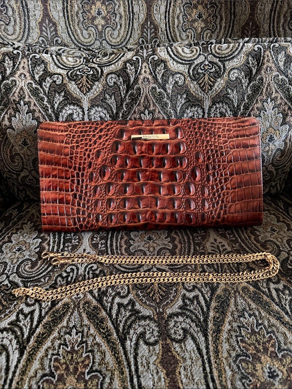 Brahmin Croc-Embossed Brown Leather Clutch with Gold Chain
